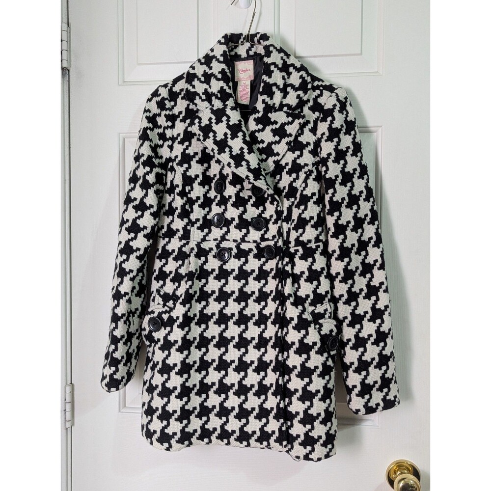 VTG Candies Black Ivory Houndstooth Peacoat Jacket Womens Medium 90s Pockets